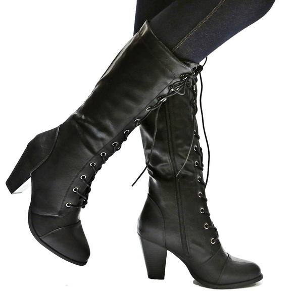 Shoes - New Black Combat Lace Up Mid-Calf High Heel Boots